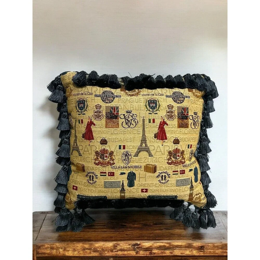Tapestry Paris French Themed Double Sided Navy Fringed Accent Throw Pillow 16